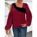 Plus Size Colorblock Cold Shoulder Blouse, Casual Asymmetrical Neck Long Sleeve Blouse For Spring, Women's Plus Size&nbsp;Clothing