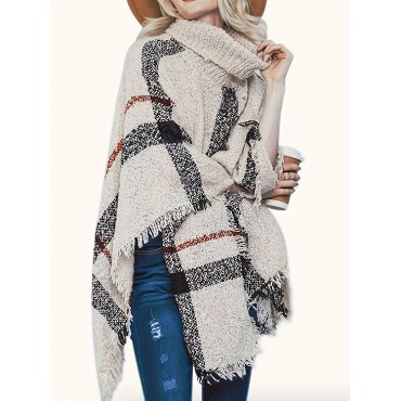 Elegant Plus Size Plaid Turtleneck Cape Sweater for Women - Cozy Acrylic, Fringe Detail, Perfect for Fall/Winter, Best for Christmas Elegant Plus Size Plaid Turtleneck Cape Sweater for Women - Cozy Acrylic, Fringe Detail, Perfect for Fall/Winter, Best for Christmas