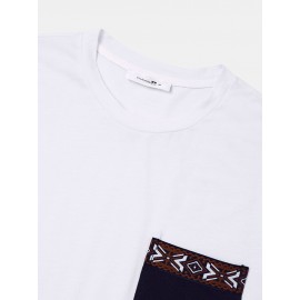 Mens Ethnic Matching Chest Pocket Curved Hem Short Sleeve T-Shirts
