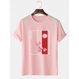 Mens Floral Japanese Graphic Crew Neck Short Sleeve Cotton T-Shirts