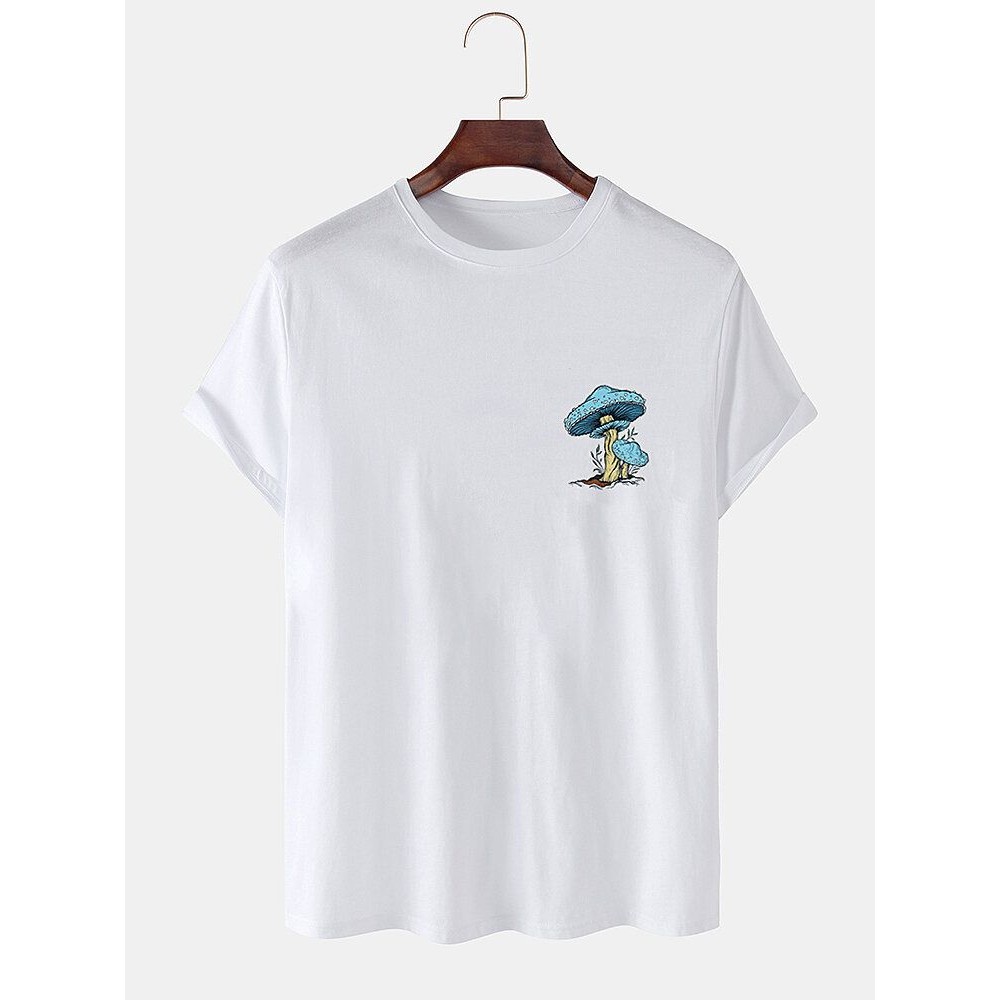 Mens 100% Cotton Mushroom Pattern Plain Short Sleeve T-Shirt