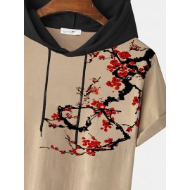 Mens Plum Bossom Character Print Contrast Short Sleeve Hooded T-Shirts