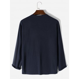 Mens Solid Color Texture Button Design Cotton Long Sleeve T-Shirts