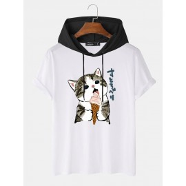 Mens Cute Cat Japanese Print Short Sleeve Drawstring Hooded T-Shirts