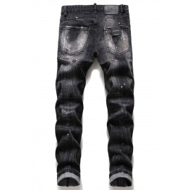 Men's Washed Pattern Patchwork Buttons Distressed Jeans