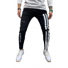 Black Men's Letter Striped Ripped Slim-fit Jeans