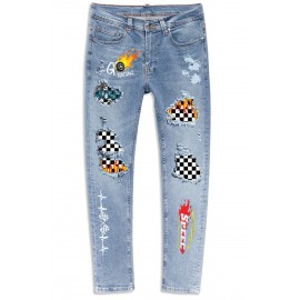 Sky Blue Go Racing Mens Checkerboard Rip & Repair Jeans