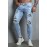 Sky Blue Soccer Printed Patchwork Distressed Men's Skinny Jeans