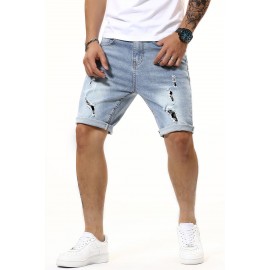 Sky Blue Skulls Graphic Patchwork Rolled High Waist Men's Denim Shorts