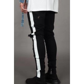 Black Letter Striped Print Ripped Slim-fit Men's Jeans