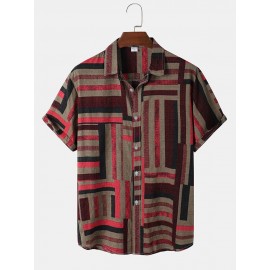 Mens Striped Color Block Lapel Short Sleeve Regular Hem Shirt