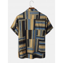 Mens Striped Color Block Lapel Short Sleeve Regular Hem Shirt