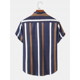 Mens Vertical Striped Button Up Casual Short Sleeve Shirts