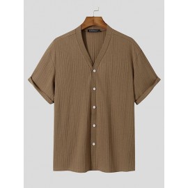 Mens Striped Texture V-Neck Short Sleeved Shirt