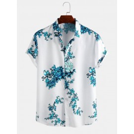 Mens Chinese Style Porcelain Floral Printed Short Sleeve Turn Down Collar Casual Shirt