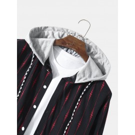Mens Striped Geometric Print Button Up Cotton Drawstring Hooded Shirts
